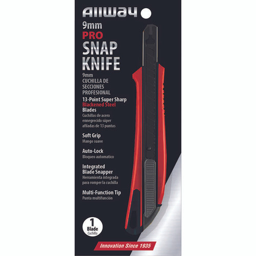 9mm Allway SK9B Red/Black K-Series Carded, Pro Soft Grip Auto-Lock Snap Knife with 13-Point Blackened Steel Blade