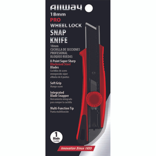 18mm Allway SK18BW Red/Black K-Series Carded, Pro Soft Grip Wheel Lock Snap Knife with 1 Premium 8-Point Blackened Steel Blade