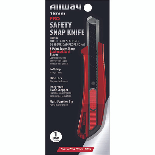18mm Allway SK18BS Red/Black K-Series Carded, Pro Soft Grip Auto Lock Quick Cut Snap Knife with 1 Premium 8-Point Blackened Steel Blade