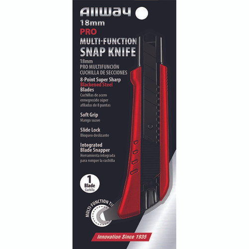18mm Allway SK18BH Red/Black K-Series Carded, Pro Soft Grip Slide Lock Hook Snap Knife with 1 Premium 8-Point Blackened Steel Blade