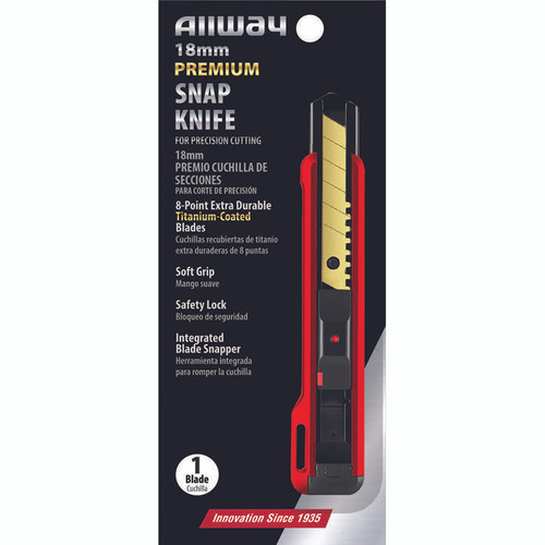 18mm Allway SK18T Red/Black K-Series Carded, Premium Soft Grip Safety Lock Snap Knife with 1 Extra Durable 8-Point Titanium Blade