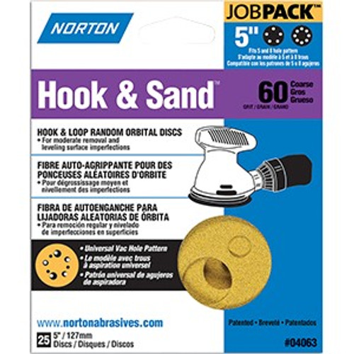 Norton 04063 5" 5 & 8 Hole P60 Hook & Sand Paper H&L UVH Disc (25pk)