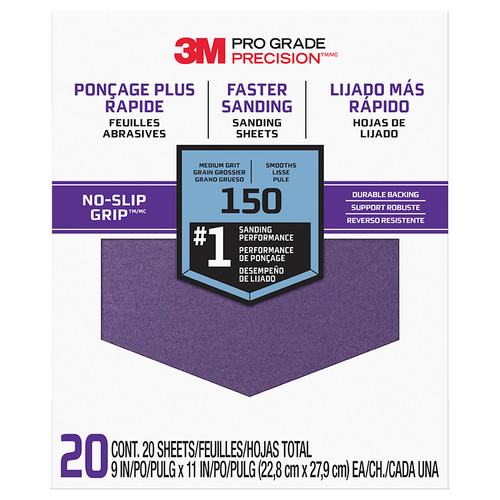 9" x 11" 3M SHCP150-PGP20T Pro Grade Precision No-Slip Grip Sanding Sheet, 150-Grit, 20-Pack