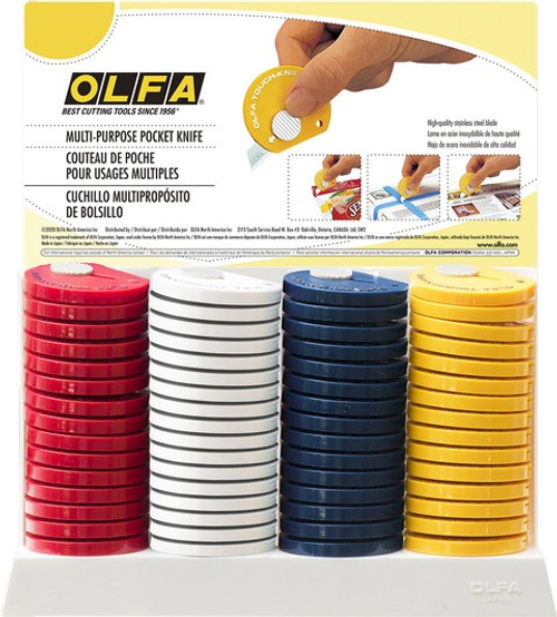 OLFA TK-4/60 Disposable Multi-Purpose Touch Knife with Retractable Blade, Display of 60 (15 each of Yellow, Red, White, and Navy)