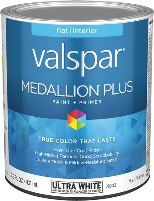 Valspar 21002.005 qt Flat Finish Ultra White Base Medallion Plus Interior Paint & Primer