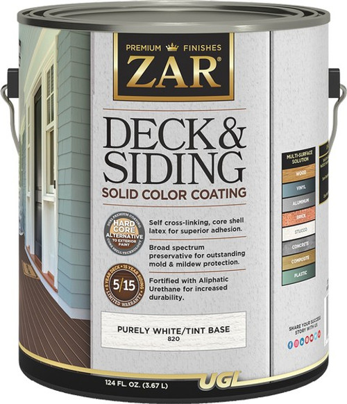 ZAR 82013 1gal Pure White/Light Tint Deck and Siding Solid Color Coating Stain