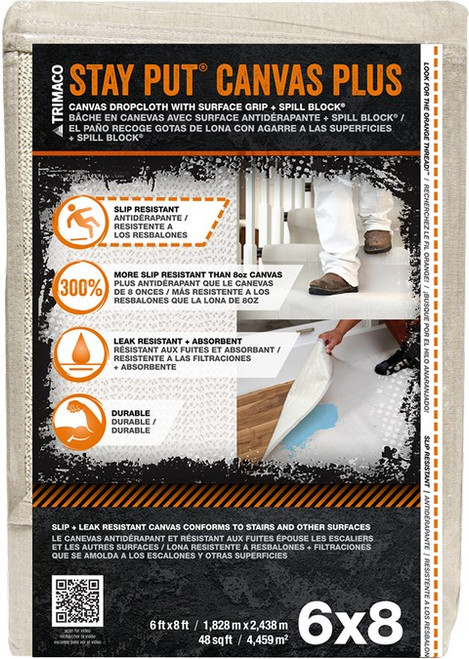Trimaco 04329 6' x 8' Stay Put Canvas w/ Anti-Slip Barrier + Spill Block Drop Cloth