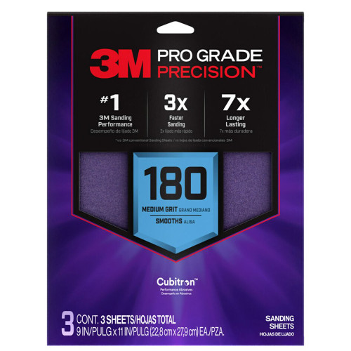 9" x 11" 3M SHR180-PGP-3T Pro Grade Precision No-Slip Grip Sanding Sheet, 180-Grit 3-Pack