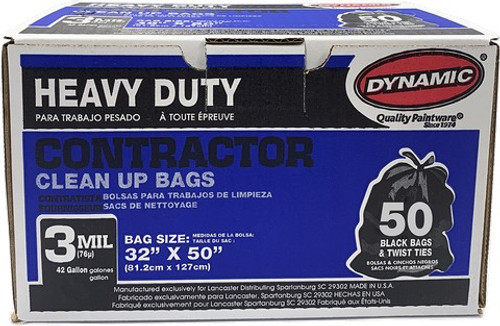 Dynamic 03500 42gal 3mil Black Heavy Duty Contractor Trash Bags (50pk) -