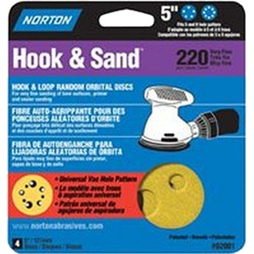 Norton 02001 5" 5 & 8 Hole P220 Hook & Sand Paper H&L UVH Disc (4pk)