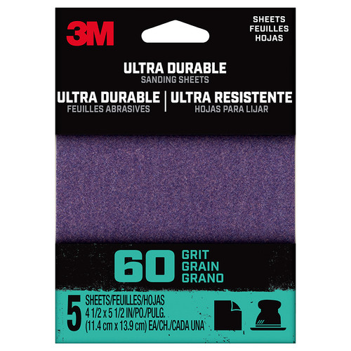 1/4" 3M 1/4Sht5pk60 3M Ultra Durable Power Sanding Sheet, 60-Grit, 5-Pack