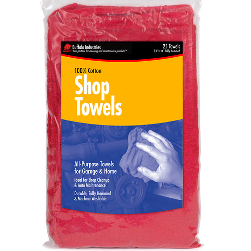 13" x 14" Buffalo 62013C Red Shop Towels 100% Cotton Classic Grease & Oil Cleanup Rags, 25-Pack