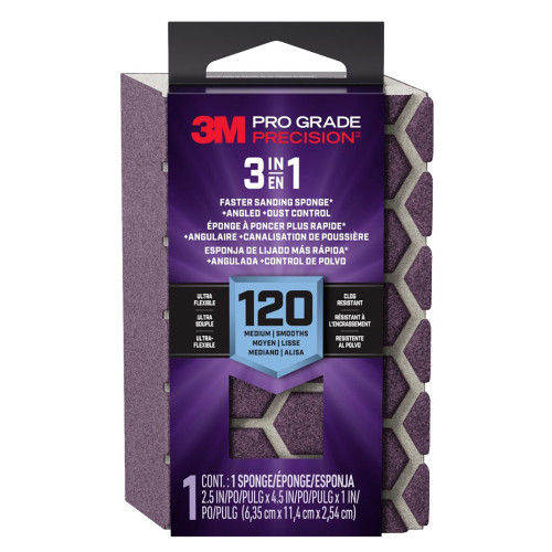2.5" x 4.5" x 1" 3M DCDA120-PGP-1T Pro Grade Precision 3-In-1 Angled Faster Sanding Sponge, Medium 120-Grit, 12-Pack