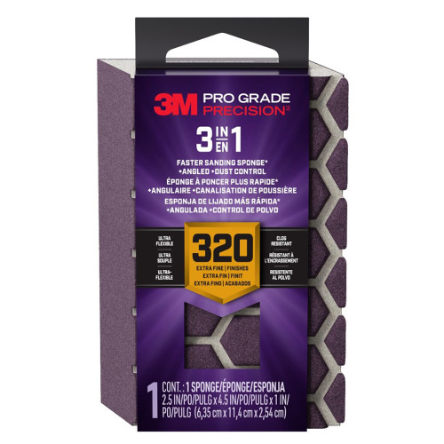 2.5" x 4.5" x 1" 3M DCDA320-PGP-1T Pro Grade Precision 3-In-1 Angled Faster Sanding Sponge, Extra-Fine 320-Grit, 12-Pack