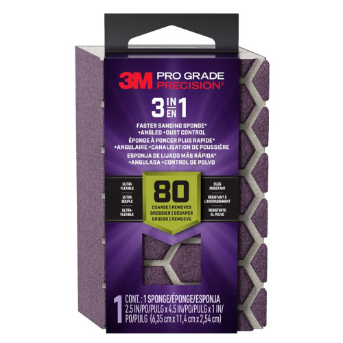 2.5" x 4.5" x 1" 3M DCDA80-PGP-1T Pro Grade Precision 3-In-1 Angled Faster Sanding Sponge, Coarse 80-Grit, 12-Pack