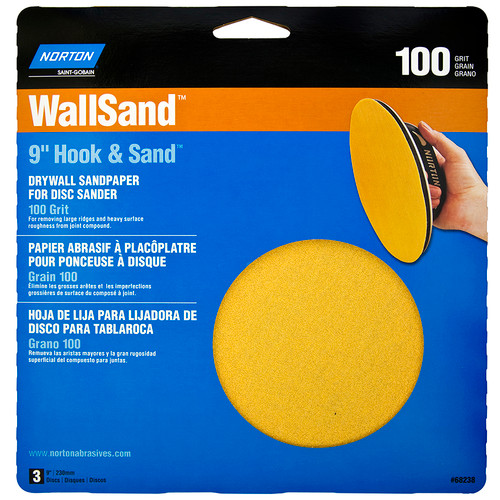 9" Norton 68238 Yellow WallSand Hook & Sand Disc, 100 Grit, 3-Pack