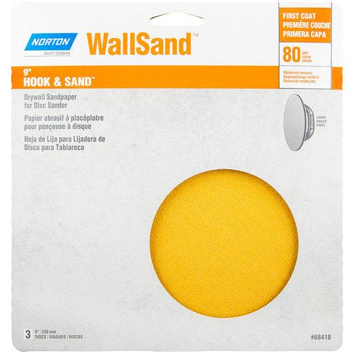 9" Norton 68418 Yellow WallSand Hook & Sand Disc, 80 Grit, 3-Pack