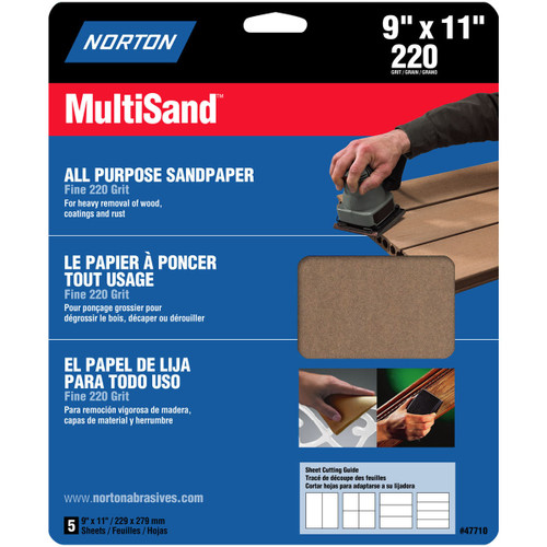9" x 11" Norton 47710 MultiSand All Purpose Sanding Sheet 220-Grit Handy-Pack - Case of 10