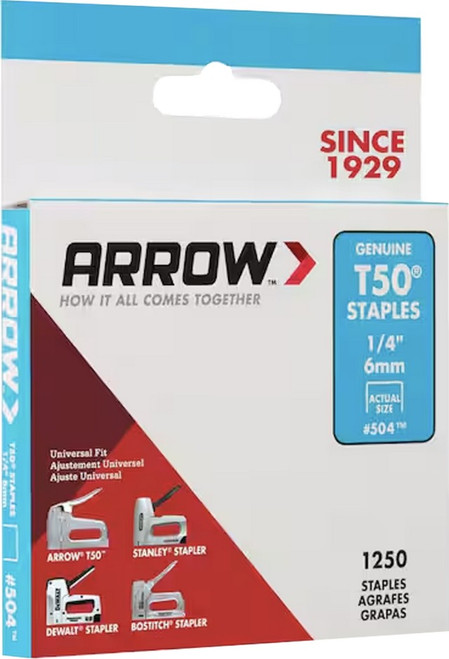 Arrow Fastener 504 1/4" 6mm T50 Staples (1,250pk)