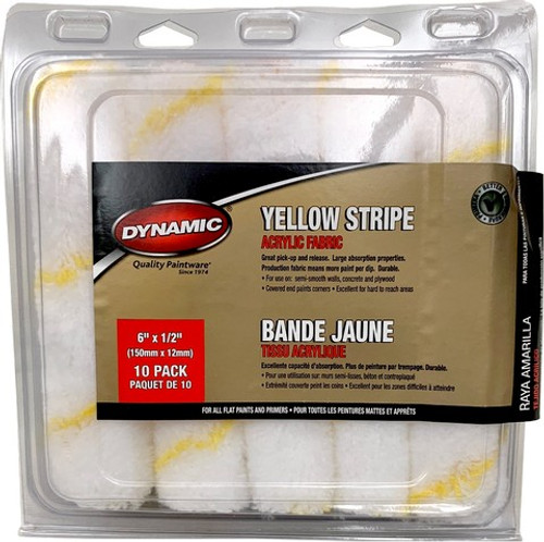 Dynamic 05317 6" x 1/2" (150mm x 12mm) Nap Yellow Stripe Mini Roller Cover (10pk)
