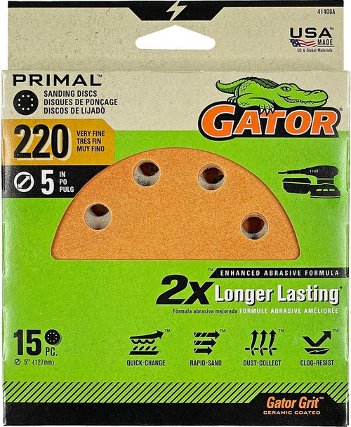 Gator 4140GA 220 Grit 5" 8 Hole Hook & Loop Sanding Disc (15pk)