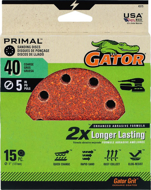 Gator 4375 40 Grit 5" 8 Hole Hook & Loop Power Sanding Disc (15pk)