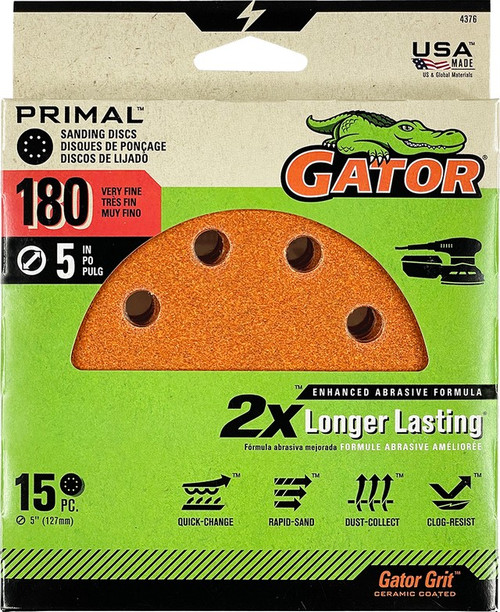 Gator 4376 180 Grit 5" 8 Hole Hook & Loop Power Sanding Disc (15pk)