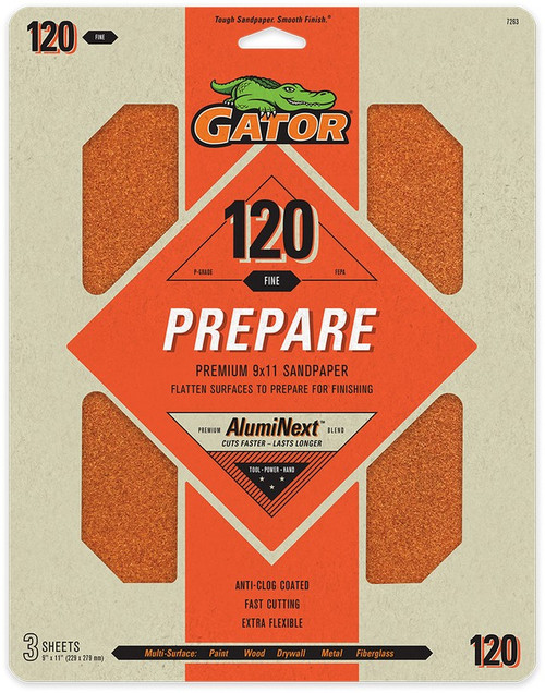 Gator 7263 120 Grit 9" x 11" Premium Dry Sand Sheet-Prepare (3pk)