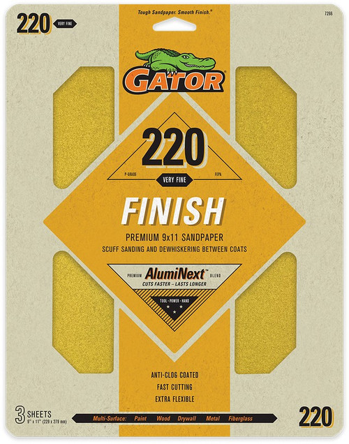 Gator 7266 220 Grit 9" x 11" Premium Dry Sand Sheet-Finish (3pk)