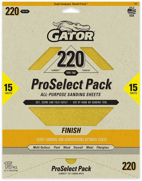 Gator 7283 220 Grit 9" x 11" Premium Dry Sand Sheet-Finish (15pk)