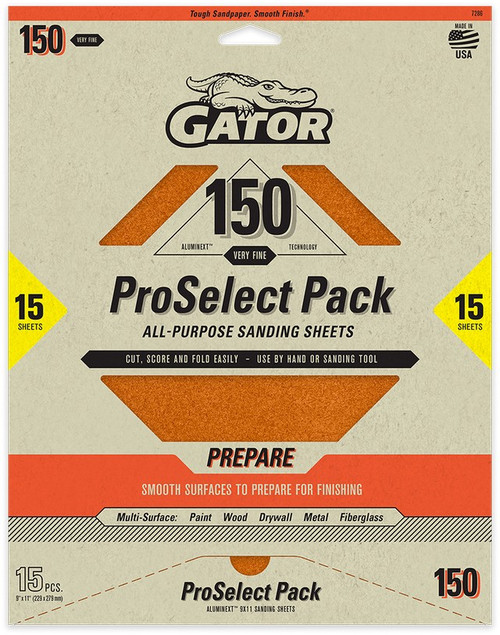 Gator 7286 150 Grit 9" x 11" Premium Dry Sand Sheet-Prepare (15pk)