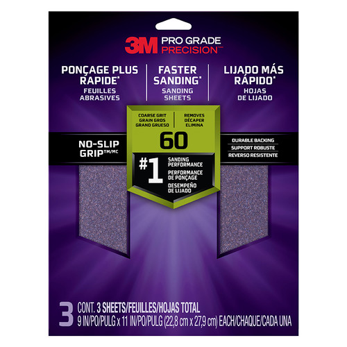 9" x 11" 3M 26060 Tri-3 Pro Grade Precision No-Slip Grip Sanding Sheet, 60-Grit, 3-Pack