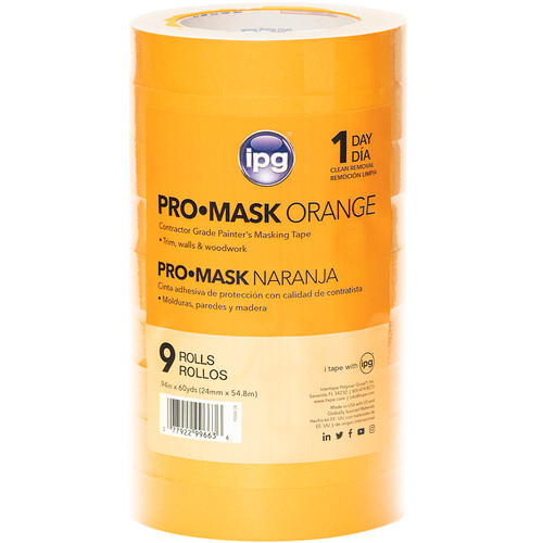 1" x 60 Yds Intertape PG505-24 ProMask Orange Utility Paper Masking Tape 9-Pack