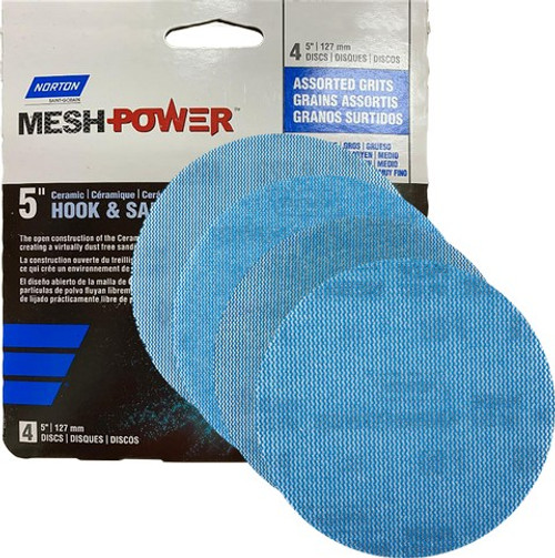 Norton 68451 5" Mesh Power Hook & Sand Sanding Disc Assorted (80G, 120G, 150G, 220G) - 4pk