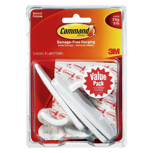Large 3M 17003-VP-3PK White Command Utility Hooks Value 3-Pack