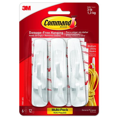 Medium 3M 17001-VP-6PK White Command Utility Hooks Value 6-Pack