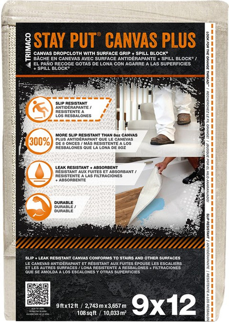Trimaco 04321 9' x 12' Stay Put Canvas w/ Anti-Slip Barrier + Spill Block Drop Cloth