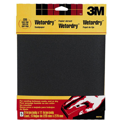 9" x 11" 3M 9087 Wetordry Sandpaper, 220-Grit Very Fine, 5-Pack - Case of 10