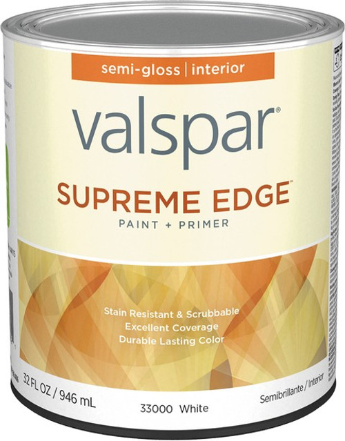 Valspar 33000.005 qt Semi-Gloss Finish White Base Supreme Edge Interior Paint & Primer - 4ct. Case