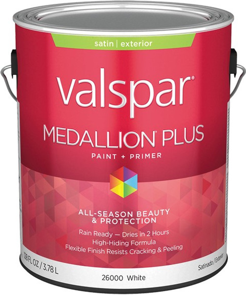 Valspar 26000.007 1gal Satin Finish White Base Medallion Plus Exterior Paint & Primer - 4ct. Case