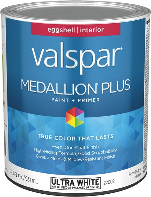 Valspar 22002.005 qt Eggshell Finish Ultra White Base Medallion Plus Interior Paint & Primer - 4ct. Case