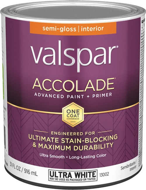 Valspar 13002.005 qt Semi-Gloss Finish Ultra White Accolade Interior Paint & Primer - 4ct. Case