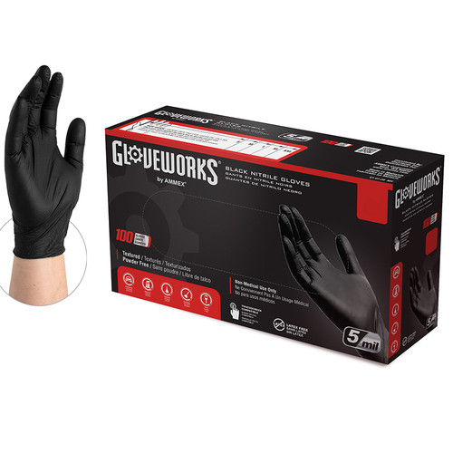 Medium Ammex GPNB44100 Black Gloveworks Nitrile Industrial Latex Free Disposable Gloves, 5-Mil, 100-Pack