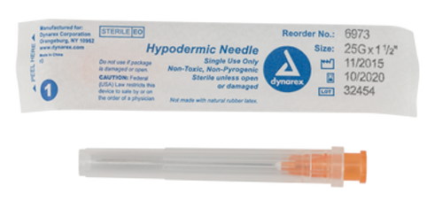 Hypodermic Needle - Non-Safety, 25G, 1 1/2" needle, 10/100/cs