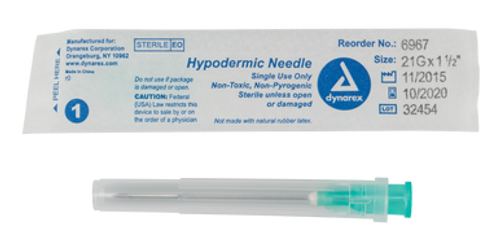 Hypodermic Needle - Non-Safety, 21G, 1 1/2 " needle, 10/100/cs