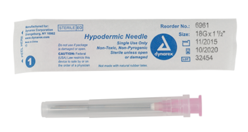 Hypodermic Needle - Non-Safety, 18G, 1 1/2" needle, 10/100/case