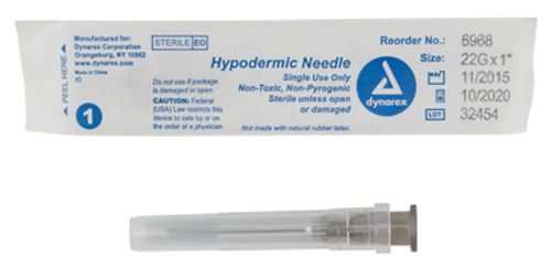 Hypodermic Needle - Non-Safety, 22G, 1" needle, 10/100/cs