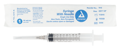 Syringe - Non-Safety with Needle - 10cc Luer Lock, 22G, 1.5", 4/100/cs