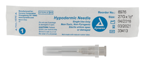 Hypodermic Needle - Non-Safety, 27G,  1/2" needle, 10/100/cs