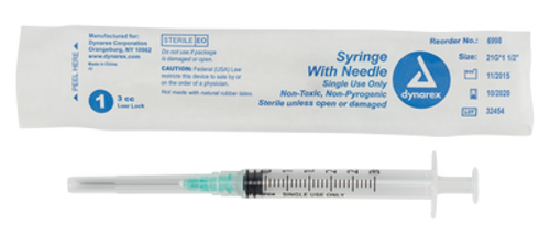 Syringe - Non-Safety with Needle - 3cc Luer Lock, 21G, 1.5", 8/100/cs